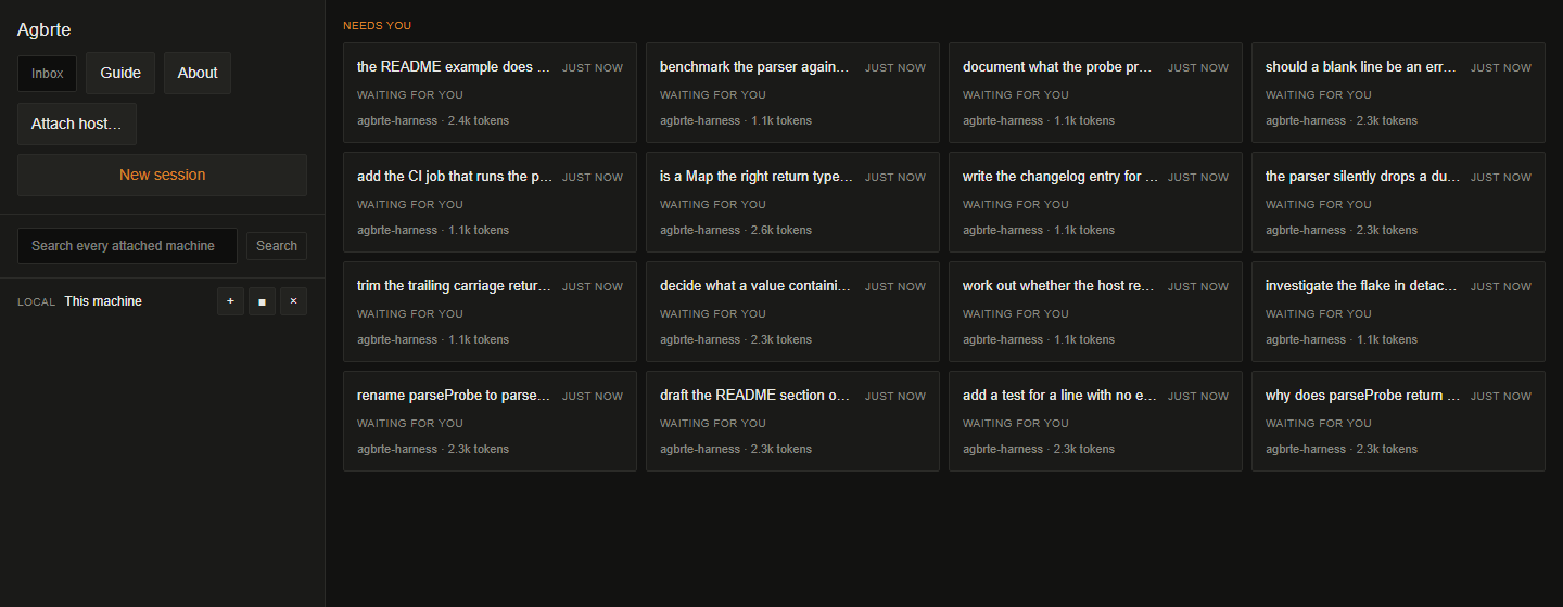The dashboard: session cards under a Needs you heading, with a sidebar listing the attached machine