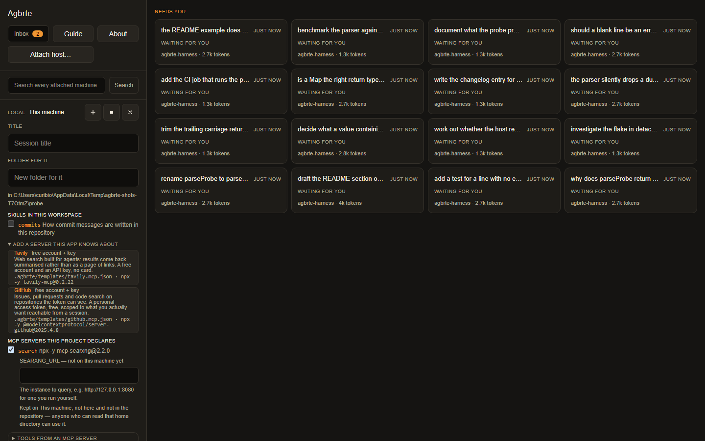 The new-session form listing the skills and MCP servers this workspace declares